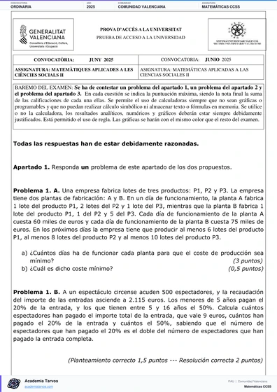 Vista previa de Examen PAU de Matemáticas CCSS de Comunitat Valenciana 2025 – Ordinaria