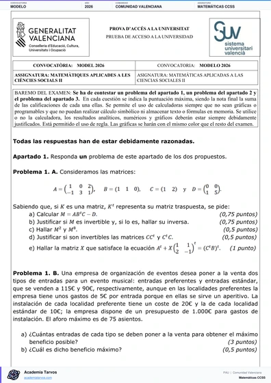 Vista previa de Modelo PAU de Matemáticas CCSS de Comunitat Valenciana 2026