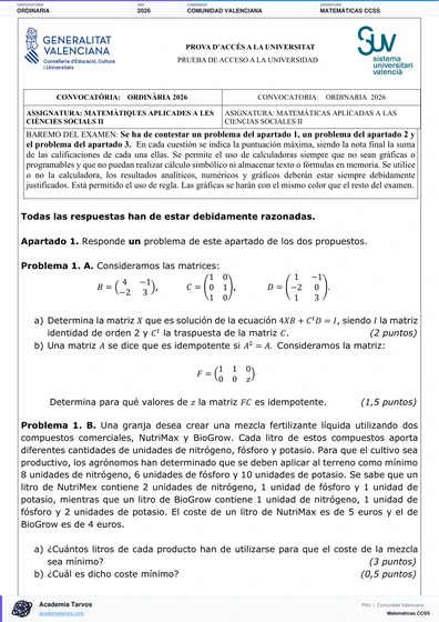 Vista previa de Examen PAU de Matemáticas CCSS de Comunitat Valenciana 2026 – Ordinaria