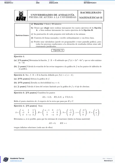 Vista previa de Examen PAU de Matemáticas II de Andalucía 2002 – Reserva 2