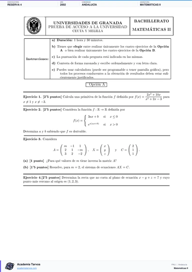 Vista previa de Examen PAU de Matemáticas II de Andalucía 2002 – Reserva 4