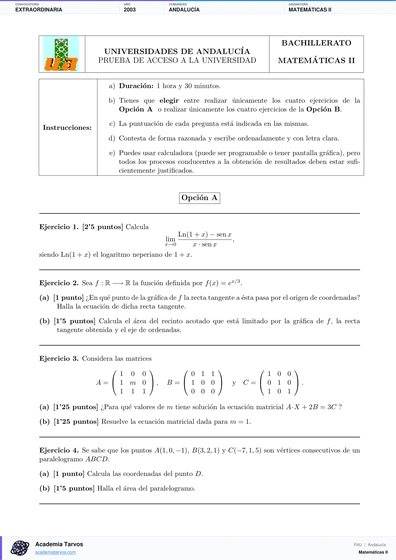 Vista previa de Examen PAU de Matemáticas II de Andalucía 2003 – Extraordinaria