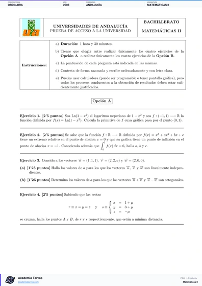 Vista previa de Examen PAU de Matemáticas II de Andalucía 2003 – Ordinaria
