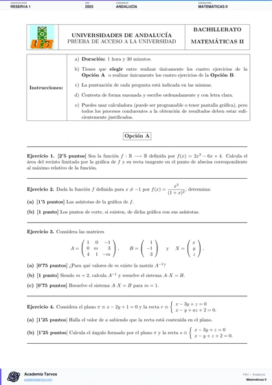 Vista previa de Examen PAU de Matemáticas II de Andalucía 2003 – Reserva 1