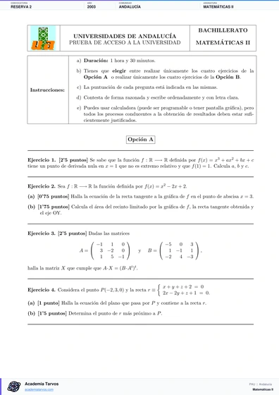 Vista previa de Examen PAU de Matemáticas II de Andalucía 2003 – Reserva 2