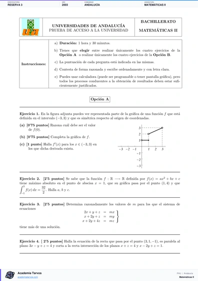 Vista previa de Examen PAU de Matemáticas II de Andalucía 2003 – Reserva 3