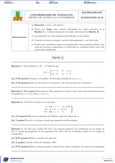 Vista previa de Examen PAU de Matemáticas II de Andalucía 2003 – Reserva 4
