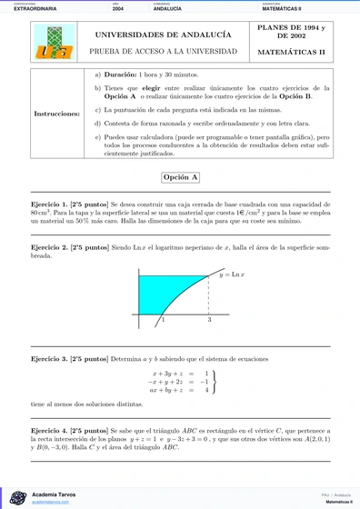 Vista previa de Examen PAU de Matemáticas II de Andalucía 2004 – Extraordinaria