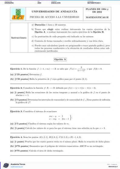 Vista previa de Examen PAU de Matemáticas II de Andalucía 2004 – Ordinaria