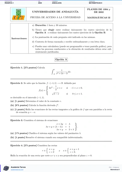 Vista previa de Examen PAU de Matemáticas II de Andalucía 2004 – Reserva 1