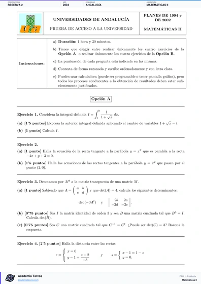 Vista previa de Examen PAU de Matemáticas II de Andalucía 2004 – Reserva 2