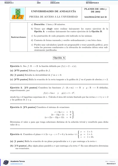 Vista previa de Examen PAU de Matemáticas II de Andalucía 2004 – Reserva 3