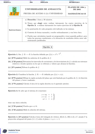 Vista previa de Examen PAU de Matemáticas II de Andalucía 2004 – Reserva 4