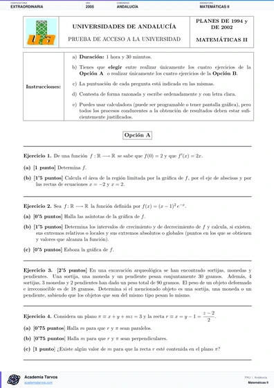 Vista previa de Examen PAU de Matemáticas II de Andalucía 2005 – Extraordinaria