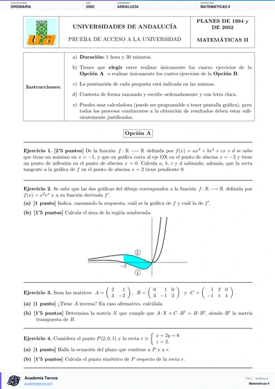 Vista previa de Examen PAU de Matemáticas II de Andalucía 2005 – Ordinaria