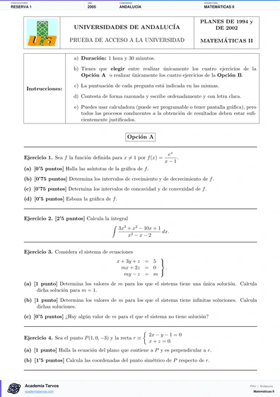 Vista previa de Examen PAU de Matemáticas II de Andalucía 2005 – Reserva 1