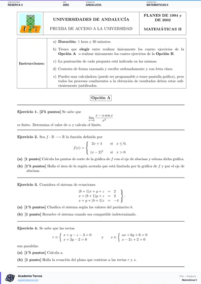 Vista previa de Examen PAU de Matemáticas II de Andalucía 2005 – Reserva 2