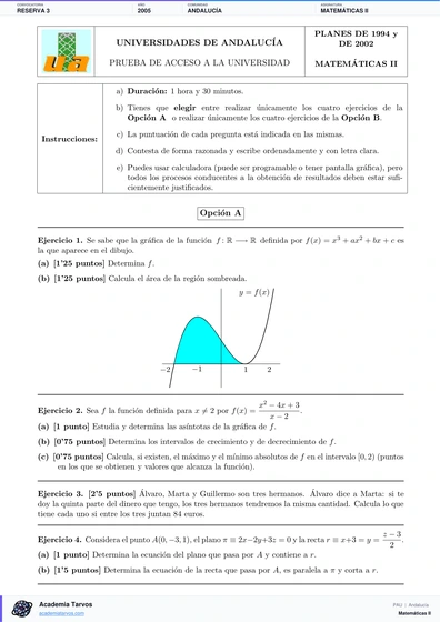 Vista previa de Examen PAU de Matemáticas II de Andalucía 2005 – Reserva 3