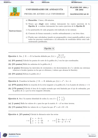 Vista previa de Examen PAU de Matemáticas II de Andalucía 2005 – Reserva 4