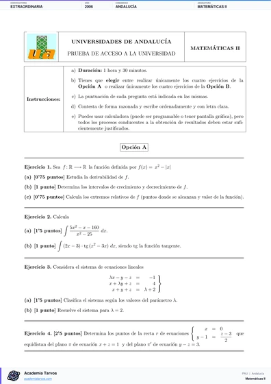 Vista previa de Examen PAU de Matemáticas II de Andalucía 2006 – Extraordinaria