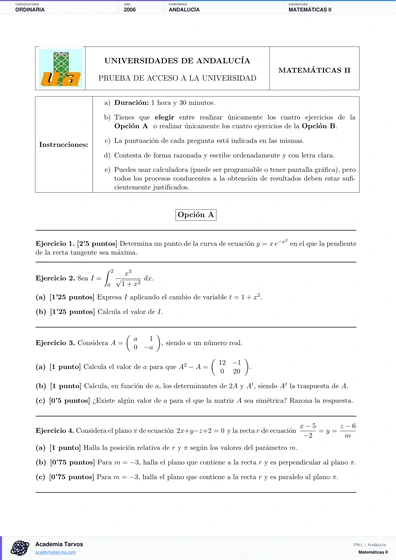 Vista previa de Examen PAU de Matemáticas II de Andalucía 2006 – Ordinaria