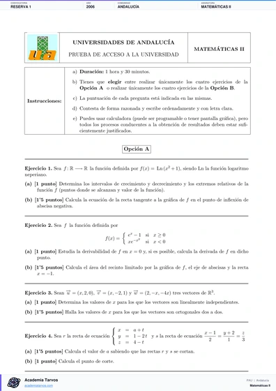 Vista previa de Examen PAU de Matemáticas II de Andalucía 2006 – Reserva 1