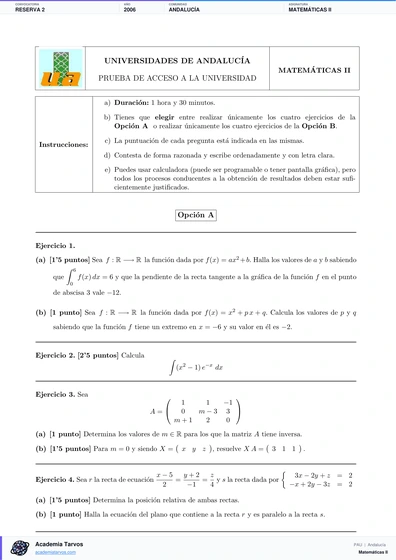 Vista previa de Examen PAU de Matemáticas II de Andalucía 2006 – Reserva 2