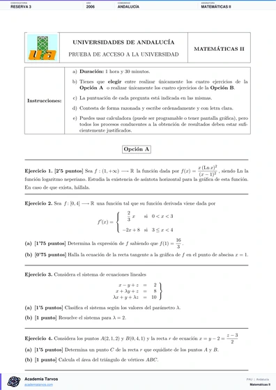 Vista previa de Examen PAU de Matemáticas II de Andalucía 2006 – Reserva 3