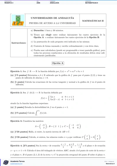 Vista previa de Examen PAU de Matemáticas II de Andalucía 2006 – Reserva 4