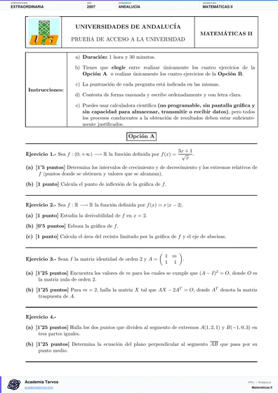 Vista previa de Examen PAU de Matemáticas II de Andalucía 2007 – Extraordinaria