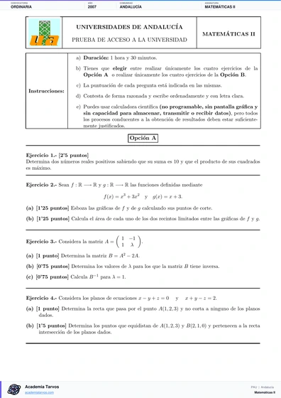 Vista previa de Examen PAU de Matemáticas II de Andalucía 2007 – Ordinaria