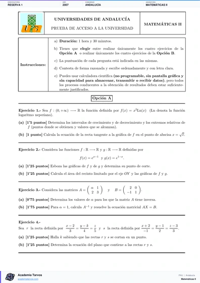 Vista previa de Examen PAU de Matemáticas II de Andalucía 2007 – Reserva 1