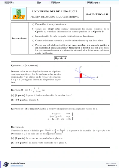 Vista previa de Examen PAU de Matemáticas II de Andalucía 2007 – Reserva 2
