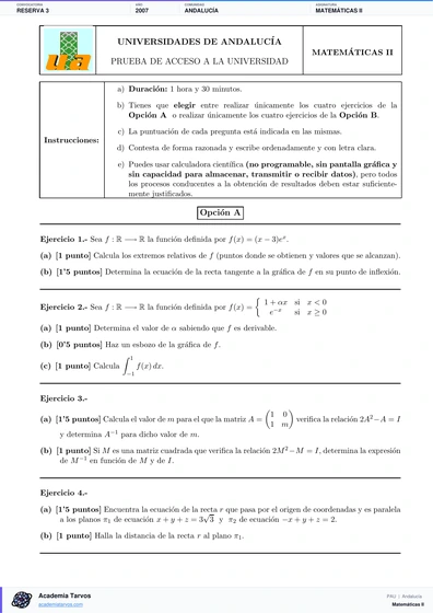 Vista previa de Examen PAU de Matemáticas II de Andalucía 2007 – Reserva 3