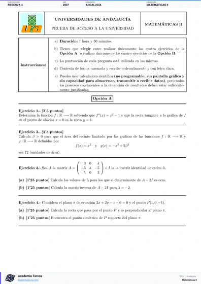 Vista previa de Examen PAU de Matemáticas II de Andalucía 2007 – Reserva 4