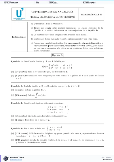 Vista previa de Examen PAU de Matemáticas II de Andalucía 2008 – Extraordinaria