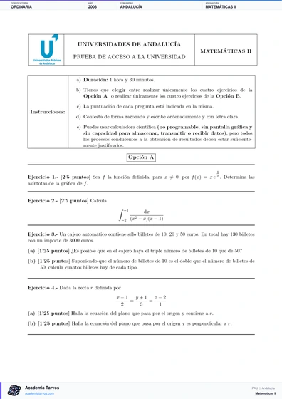 Vista previa de Examen PAU de Matemáticas II de Andalucía 2008 – Ordinaria