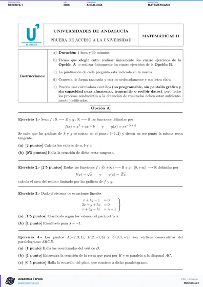 Vista previa de Examen PAU de Matemáticas II de Andalucía 2008 – Reserva 1