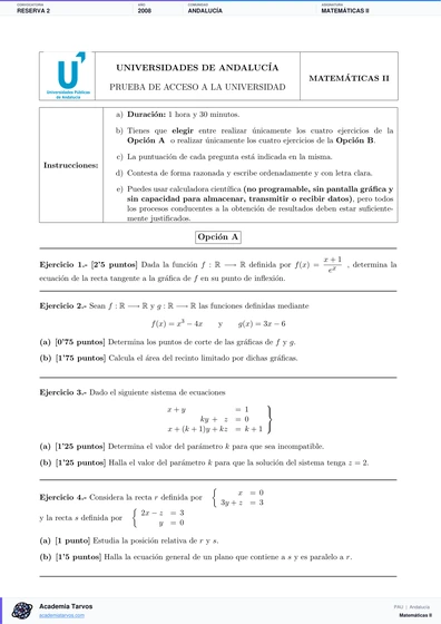 Vista previa de Examen PAU de Matemáticas II de Andalucía 2008 – Reserva 2