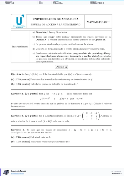 Vista previa de Examen PAU de Matemáticas II de Andalucía 2008 – Reserva 3