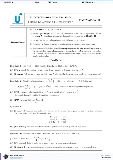 Vista previa de Examen PAU de Matemáticas II de Andalucía 2008 – Reserva 4