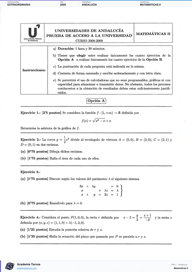 Vista previa de Examen PAU de Matemáticas II de Andalucía 2009 – Extraordinaria