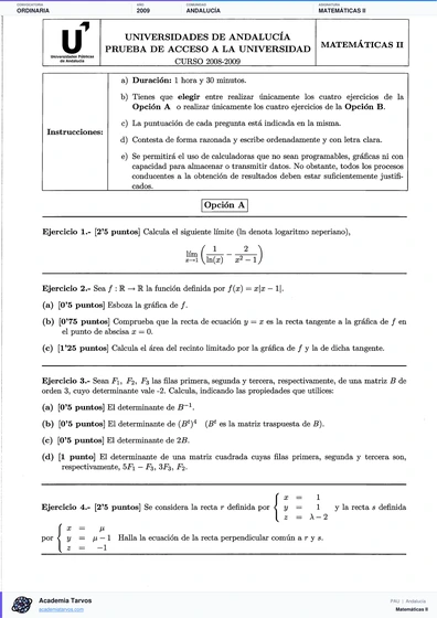 Vista previa de Examen PAU de Matemáticas II de Andalucía 2009 – Ordinaria