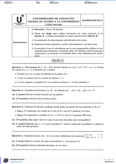 Vista previa de Examen PAU de Matemáticas II de Andalucía 2009 – Reserva 1