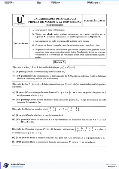 Vista previa de Examen PAU de Matemáticas II de Andalucía 2009 – Reserva 2
