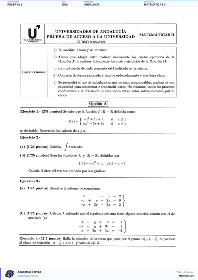 Vista previa de Examen PAU de Matemáticas II de Andalucía 2009 – Reserva 3