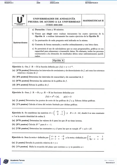 Vista previa de Examen PAU de Matemáticas II de Andalucía 2009 – Reserva 4