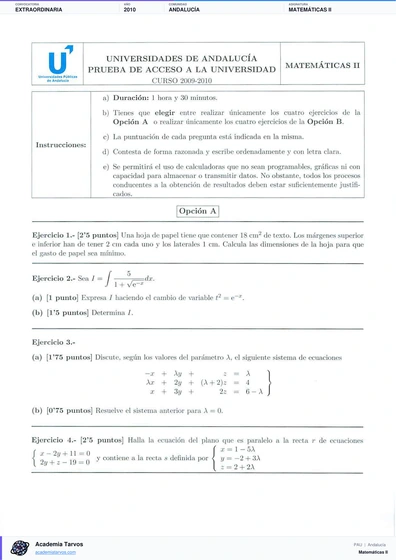 Vista previa de Examen PAU de Matemáticas II de Andalucía 2010 – Extraordinaria