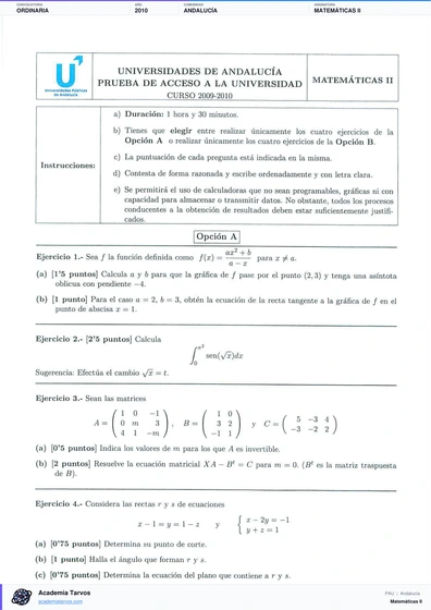 Vista previa de Examen PAU de Matemáticas II de Andalucía 2010 – Ordinaria