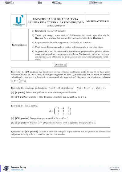 Vista previa de Examen PAU de Matemáticas II de Andalucía 2010 – Reserva 1